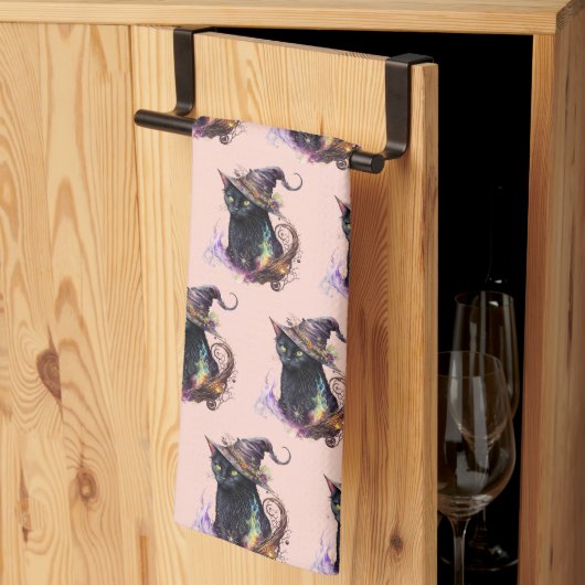 Linge De Cuisine Chat noir dans une sorcière Casquette Orange Hallo (Pliage en tiers)