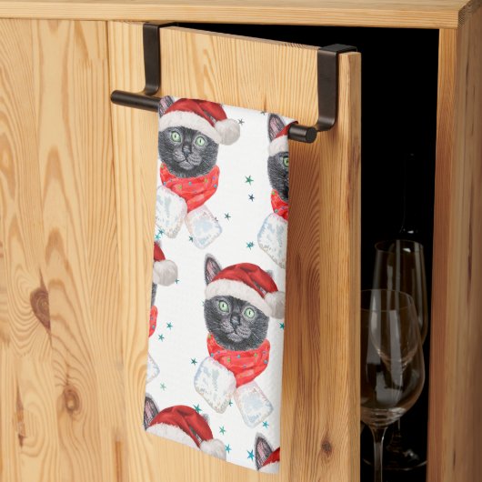 Linge De Cuisine Chat noir de Noël avec écharpe rouge (Pliage en tiers)