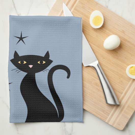 Linge De Cuisine Chat noir de style 1950, bleu (Quart Plié)