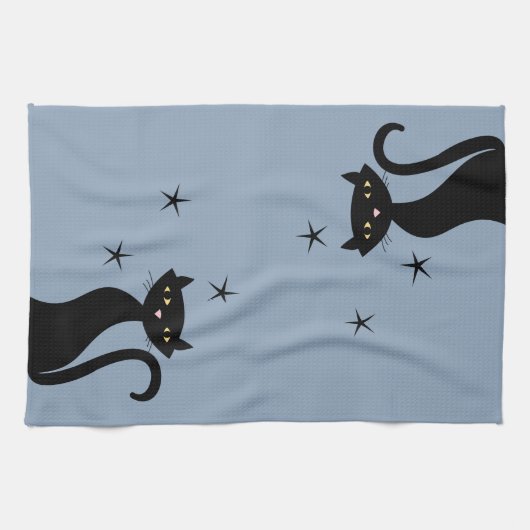 Linge De Cuisine Chat noir de style 1950, bleu (Horizontal)