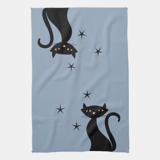 Linge De Cuisine Chat noir de style 1950, bleu (Vertical)
