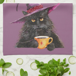 Linge De Cuisine Chat noir d'Halloween grincheux avec un chapeau