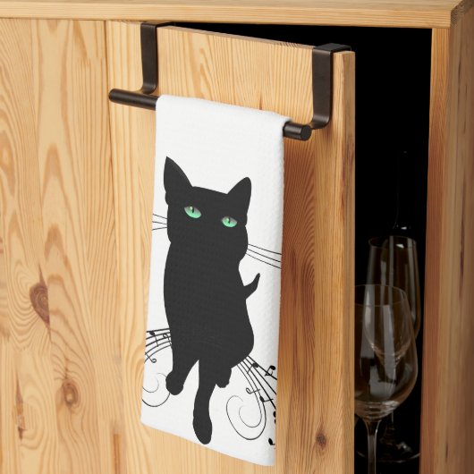 Linge De Cuisine Chat noir entouré de notes de musique murmurantes (Pliage en tiers)