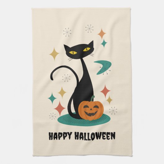 Linge De Cuisine Chat noir Halloween du milieu du siècle (Vertical)