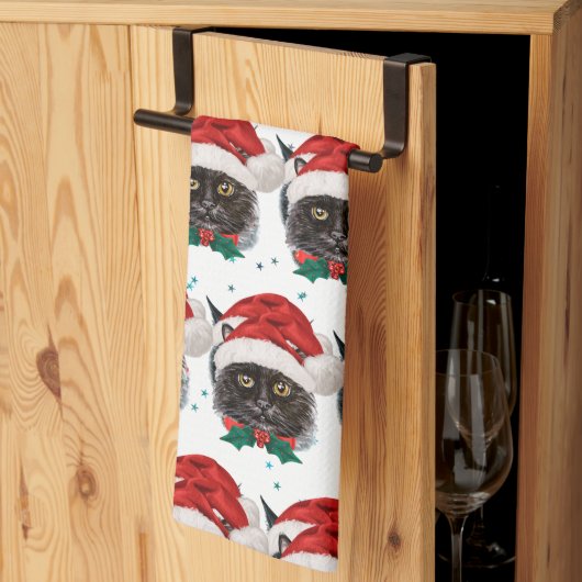 Linge De Cuisine Chat noir mignon avec chapeau de Père Noël (Pliage en tiers)