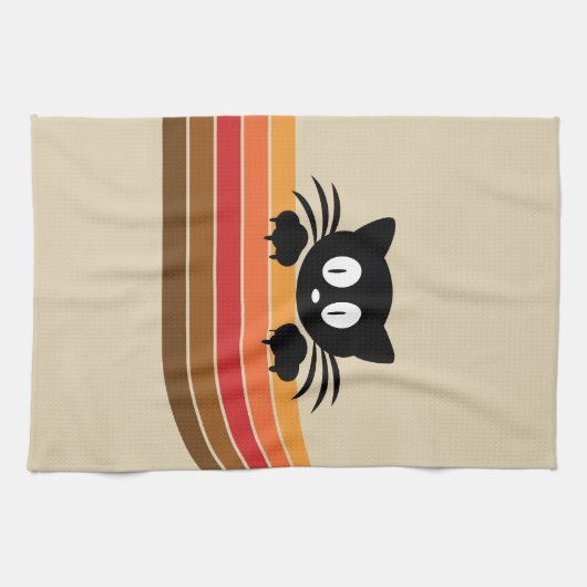 Linge De Cuisine Chat noir mignon avec rayures rétro (Horizontal)