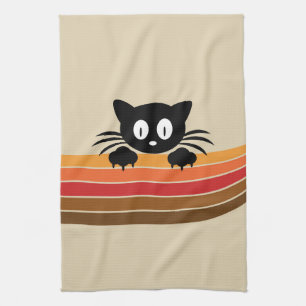 Linge De Cuisine Chat noir mignon avec rayures rétro