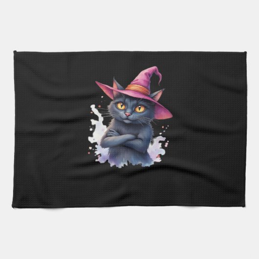 Linge De Cuisine Chat noir mignon en sorcier Casquette - Halloween  (Horizontal)