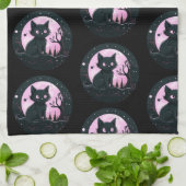 Linge De Cuisine Chat noir Pleine lune rose céleste Halloween noir (Plié)