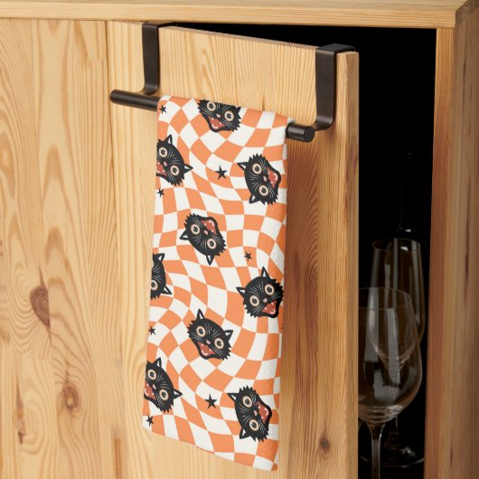 Linge De Cuisine Chat noir rétro Motif chèque orange (Pliage en tiers)