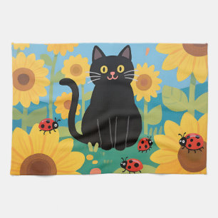 Linge De Cuisine Chat noir tournesols coccinelles