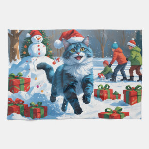 Linge De Cuisine Chat Oriental Bleu Assis Dans Un Chapeau De Noël D