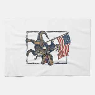 Linge De Cuisine Chat Patriotique à Cheval sur un Dinosaure Design