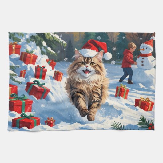 Linge De Cuisine Chat Persan Assis dans la Neige avec un Chapeau de (Horizontal)