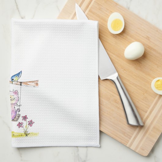 Linge De Cuisine Chat rose blanc mignon à la couture (Quart Plié)