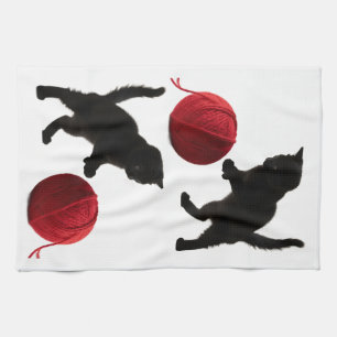 Linge De Cuisine Chat silhouette noire, avec boule de laine rouge