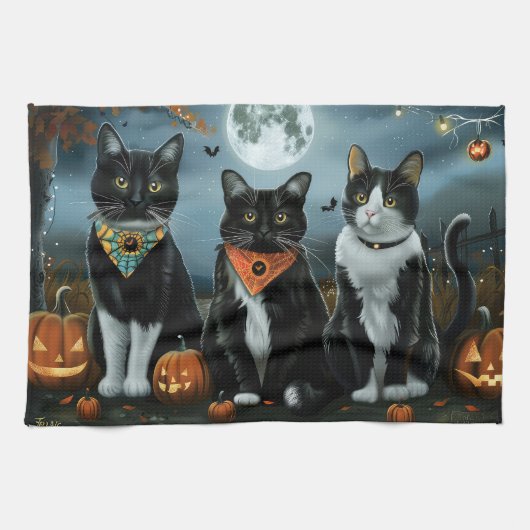 Linge De Cuisine Chat Smoking Halloween Effrayant (Horizontal)