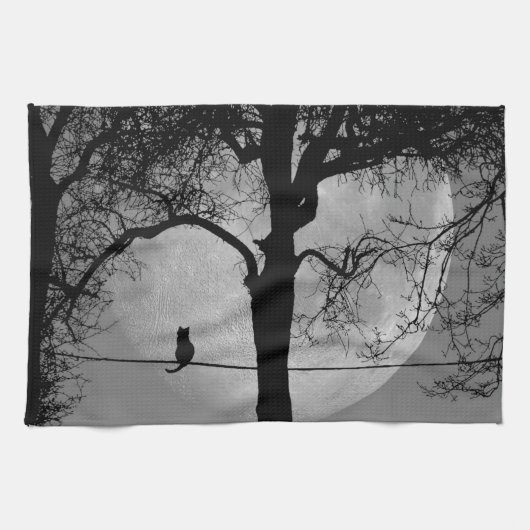 Linge De Cuisine Chat sur une Pleine lune de fil (Horizontal)