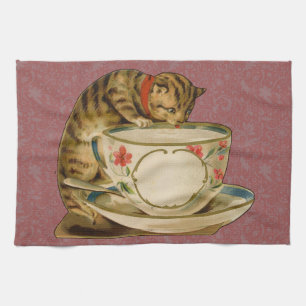 Linge De Cuisine Chat Tasse à Thé Mignon Vintage Victorien Animal C