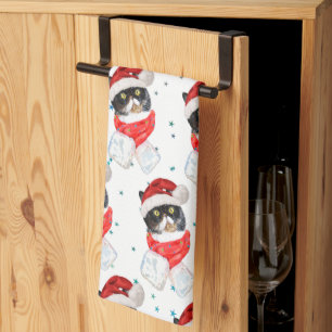 Linge De Cuisine Chat tricolore Noël aquarelle avec écharpe