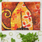 Linge De Cuisine Chat Whimsical Rétro Kitty Floral Orange Jaune Rou (Plié)