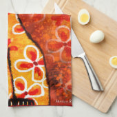 Linge De Cuisine Chat Whimsical Rétro Kitty Floral Orange Jaune Rou (Quart Plié)