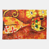 Linge De Cuisine Chat Whimsical Rétro Kitty Floral Orange Jaune Rou (Horizontal)