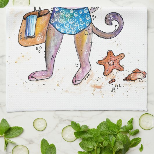 Linge De Cuisine Chat Whimsical sur la plage (Plié)