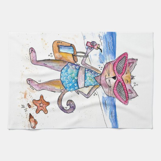 Linge De Cuisine Chat Whimsical sur la plage (Horizontal)