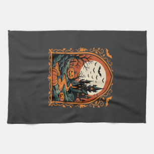 Linge De Cuisine Château Hanté Halloween Citrouille Lune Vector Art