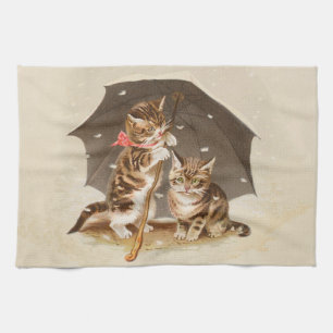 Linge De Cuisine Chatons vintage sous un parapluie art de chat anti