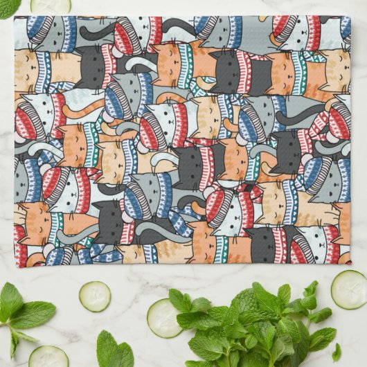 Linge De Cuisine Chats en Écharpes d'hiver et Motif Casquette (Plié)