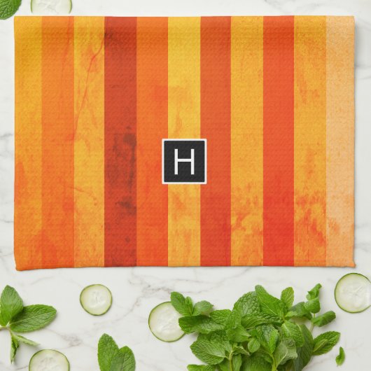 Linge De Cuisine Chaud Patiné Orange Rouge rayures Monogramme (Plié)
