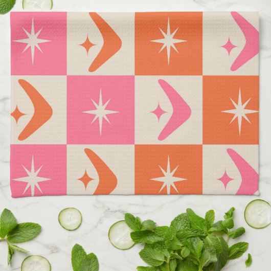 Linge De Cuisine Checkered Mid Century Boomerangs pink and orange  (Plié)