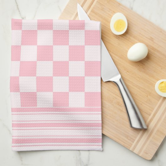 Linge De Cuisine Chèque Et Bandes Roses (Quart Plié)