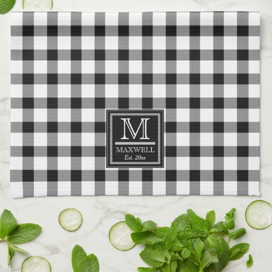 Linge De Cuisine Chèques de bisons rustiques | Nom du monogramme pl (Plié)