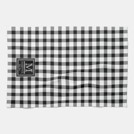 Linge De Cuisine Chèques de bisons rustiques | Nom du monogramme pl (Horizontal)