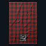Linge De Cuisine Chèques de bisons rustiques | Nom du monogramme pl<br><div class="desc">Notre motif original en noir et rouge avec un emblème noir et gris,  noir et noir pour votre monogramme initial,  nom de famille et année établie.  Idéal pour un décor rustique,  champêtre et en cabine de bois,  ainsi que pour Noël et les vacances d'hiver.</div>