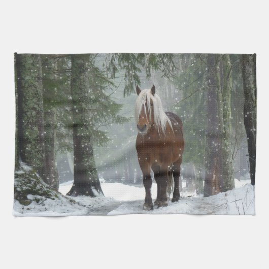 Linge De Cuisine Cheval Brown dans une forêt d'hiver avec chute de  (Horizontal)