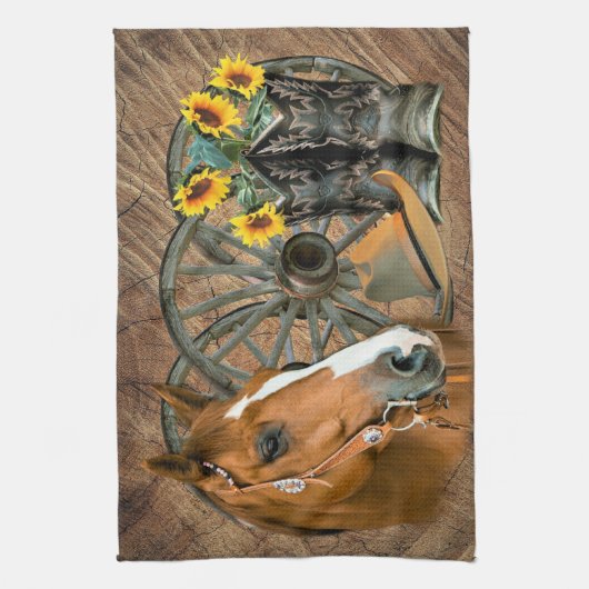 Linge De Cuisine Cheval Cowboy Boots Wagon Wheels Sunflowers Wester (Vertical)