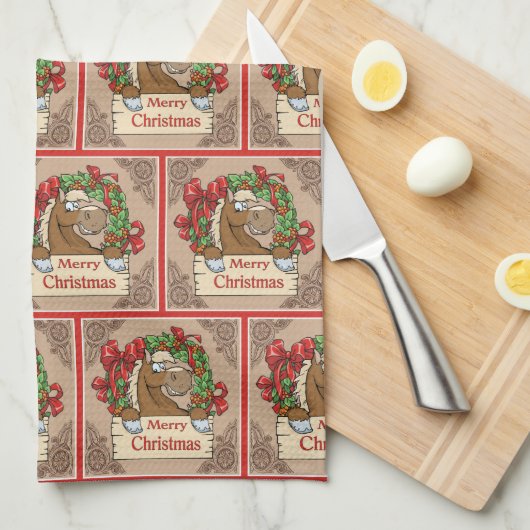 Linge De Cuisine Cheval de dessin avec couronne Joyeux signe de Noë (Quart Plié)