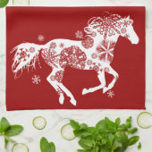Linge De Cuisine Cheval de Noël aux flocons rouges et blancs (Plié)