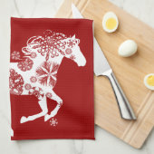Linge De Cuisine Cheval de Noël aux flocons rouges et blancs (Quart Plié)