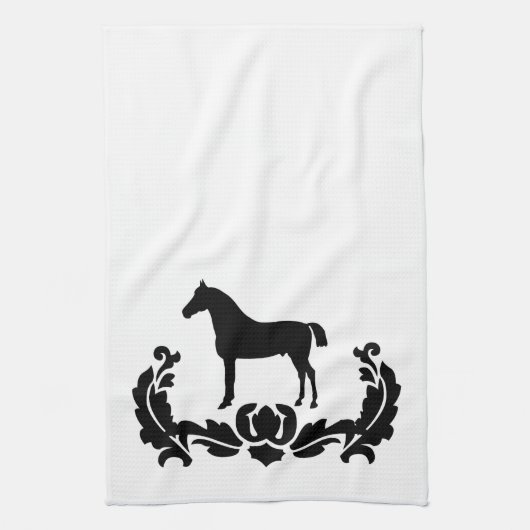 Linge De Cuisine Cheval noir et blanc Damas (Vertical)