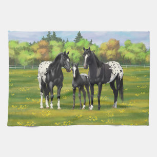 Linge De Cuisine Chevaux Appaloosa Noir Dans Les Pâturages D'Été