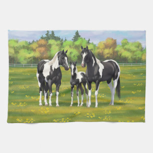 Linge De Cuisine Chevaux De Peinture De Pinto Noir En Pâturage Été