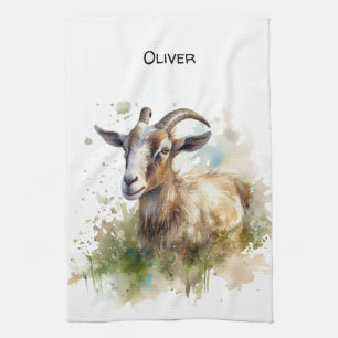 Linge De Cuisine Chèvre de Ferme à l'Aquarelle, personnalisable