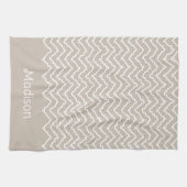Linge De Cuisine Chevron Zigzag Ondulé Beige Et Blanc Avec Nom (Horizontal)