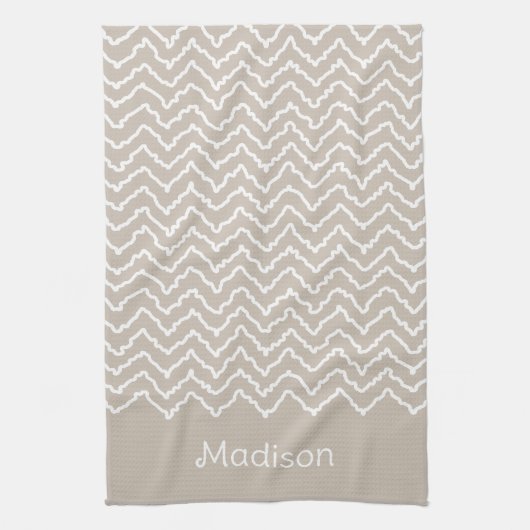 Linge De Cuisine Chevron Zigzag Ondulé Beige Et Blanc Avec Nom (Vertical)