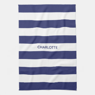 Linge De Cuisine Chic bleu marine blanc rayures nom personnalisé mo